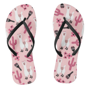 Adorable Pink White Llama Maraca Cactus Floral Flip Flops
