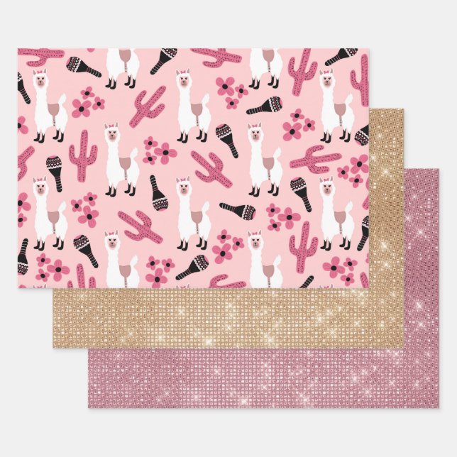 Adorable Pink White Llama Maraca Cactus Floral Wrapping Paper Sheet (Set)