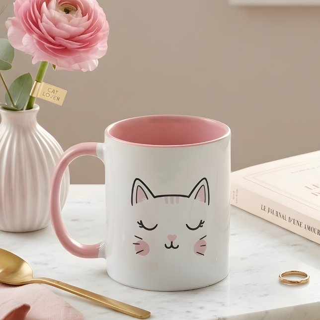 Adorable Pink & White Sleeping Cat Face Mug (Creator Uploaded)