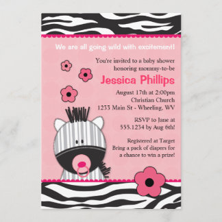 Adorable Pink Zebra Baby Shower Invitations