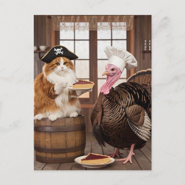 Adorable Pirate Kitty and Turkey Thanksgiving Pie Postcard (Front)