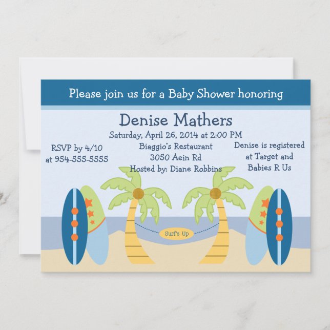 Adorable "Plage/Surfboards" Invitation Baby shower (Devant)