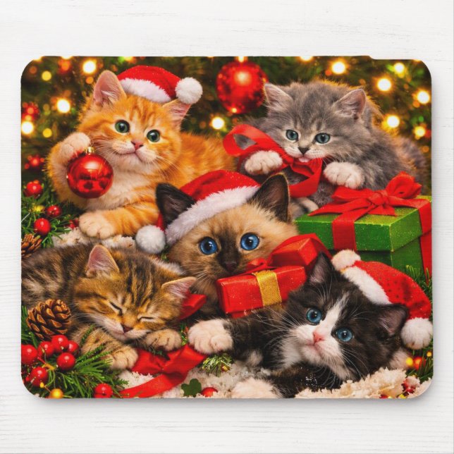 Adorable Playful Christmas Kittens Mouse Pad (Front)