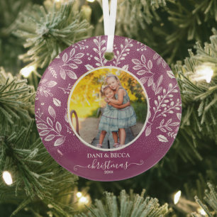 Adorable Plum Christmas Photo Keepsake Glass Ornament