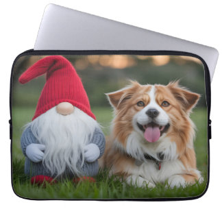 Adorable Plush Gnome and Fluffy Dog Lying in Grass Laptop Sleeve