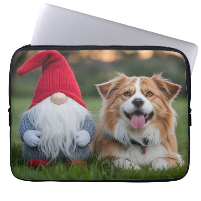 Adorable Plush Gnome and Fluffy Dog Lying in Grass Laptop Sleeve (Front)