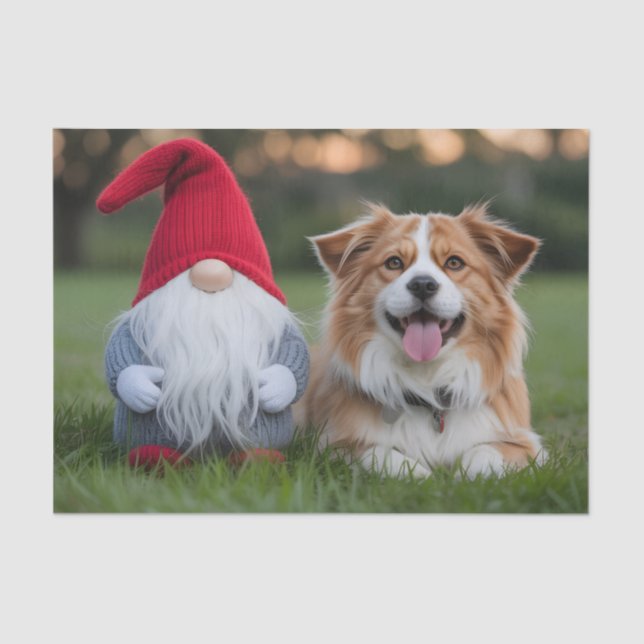 Adorable Plush Gnome and Fluffy Dog Lying in Grass Tissue Paper (Front)