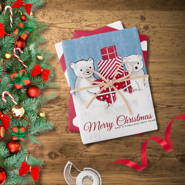 Adorable Polar Bear Cubs With Red Christmas Gifts  Wrapping Paper Sheet (Creator Uploaded)