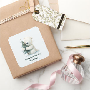 Adorable Polar Bear Hugging Christmas Tree, Cute  Square Sticker