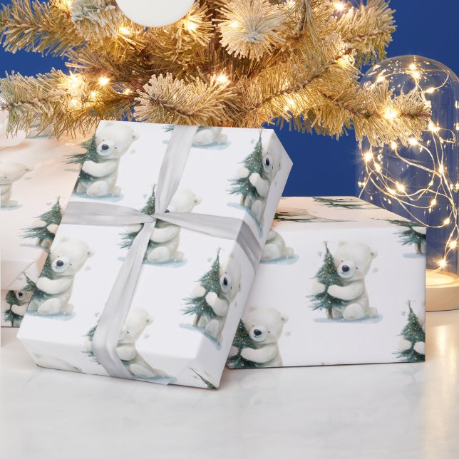 Adorable Polar Bear Hugging Christmas Tree, Cute  Wrapping Paper (Holidays)