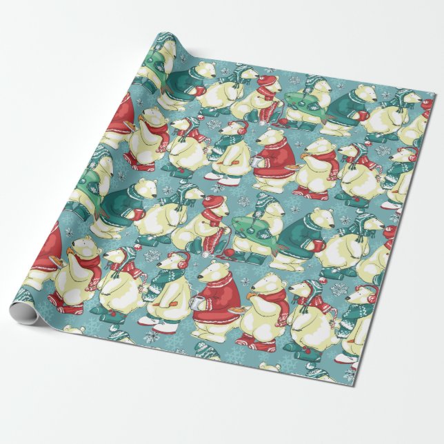 Adorable Polar Bears Wrapping Paper (Unrolled)