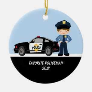 Adorable Policeman with Police Car Ornament