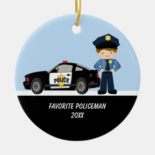 Adorable Policeman with Police Car Ornament (Front)