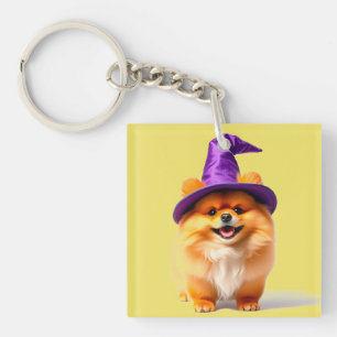 Adorable Pomeranian Puppy Wearing Witch Hat Keychain
