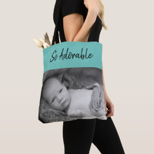 Adorable precious baby light teal and black photos tote bag