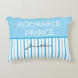 Adorable Prince Blue White Stripes Name Accent Pillow