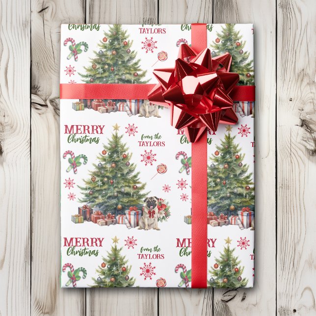 Adorable Pug Dog Red Bow Holiday Tree Wrapping Paper (Creator Uploaded)