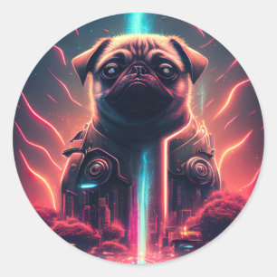 Adorable Pug in Futuristic Robot Costume Classic Round Sticker