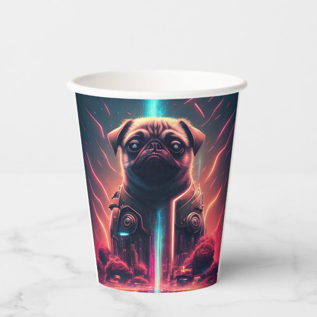Adorable Pug in Futuristic Robot Costume Paper Cups (Front)