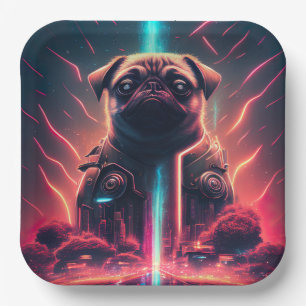 Adorable Pug in Futuristic Robot Costume Paper Plate