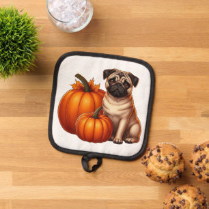 Adorable Pug Sitting Next to Pumpkins and Leaves Pot Holder