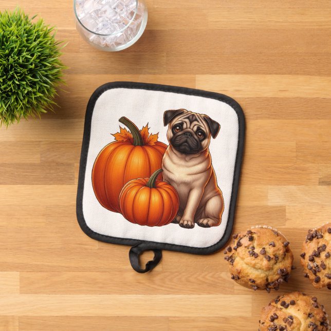 Adorable Pug Sitting Next to Pumpkins and Leaves Pot Holder (Top Down)