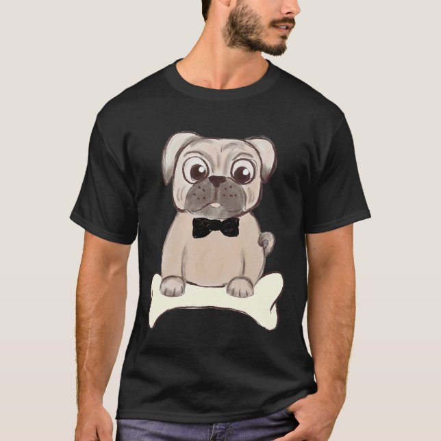 Adorable Pug with Black Bow tie Illustration 234 T-Shirt (Front)