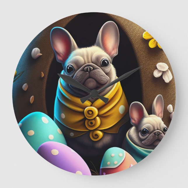 Adorable Pug with Easter Eggs A Festive and Cute  Large Clock (Front)
