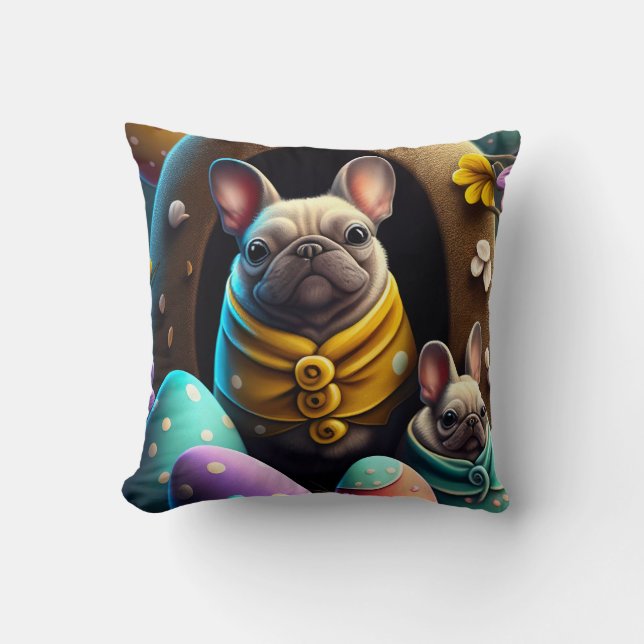 Adorable Pug with Easter Eggs A Festive and Cute Throw Pillow (Front)