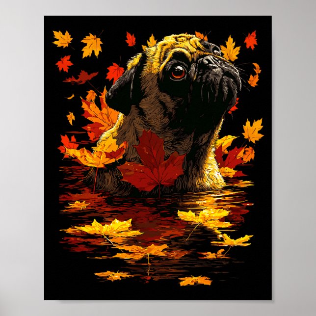 Adorable Pug With Forest Leaves Cozy Autumn Dog Fa Poster (Front)