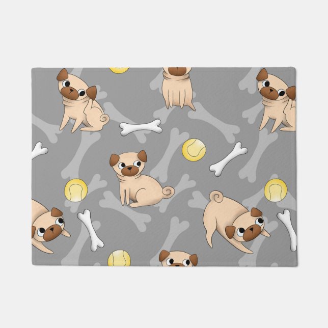 Adorable Pugs on Grey Background Doormat (Front)