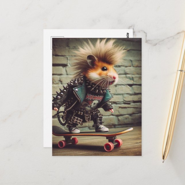 Adorable Punk Rock Skateboarding Hamster  Postcard (Front/Back In Situ)