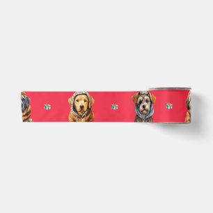 Adorable Puppies Christmas Holiday on Red Satin Ribbon