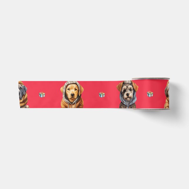 Adorable Puppies Christmas Holiday on Red Satin Ribbon (Front)