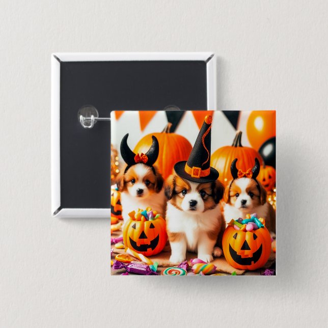Adorable puppies halloween  2 inch square button (Front & Back)