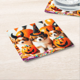 Adorable puppies halloween square paper coaster