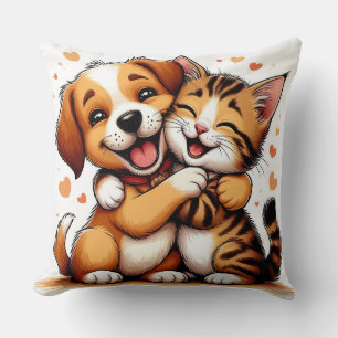 Adorable Puppy and Kitten Hugging with Warm Smiles Throw Pillow