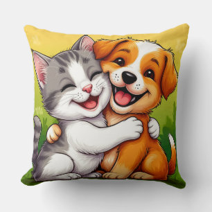Adorable Puppy and Kitten Hugging with Warm Smiles Throw Pillow