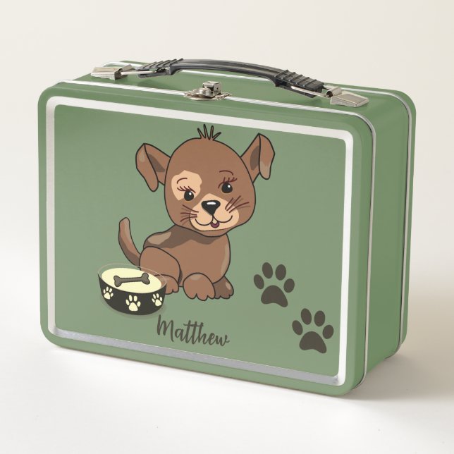 Adorable Puppy Bowl Paws & Bone Name Metal Lunch Box (Front)