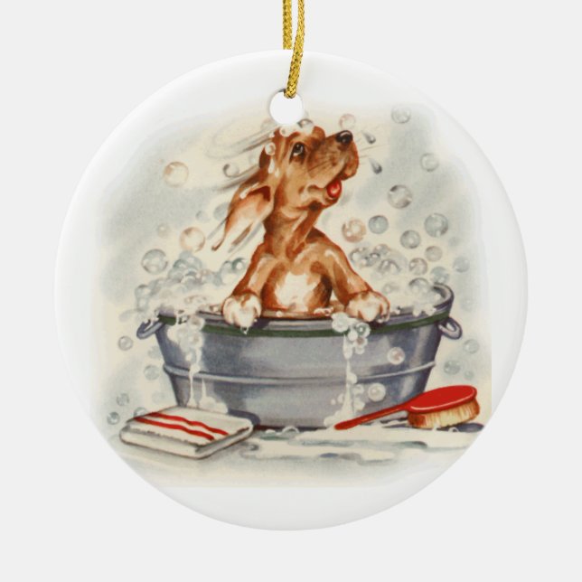Adorable puppy in bath ceramic ornament (Front)