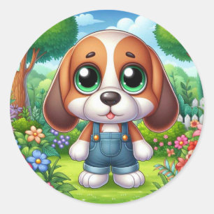 Adorable Puppy In Overalls  Classic Round Sticker