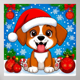 Adorable Puppy in Santa Hat With Christmas Gifts Poster