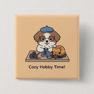Adorable Puppy Knitting with Friend Hobby Art Pin