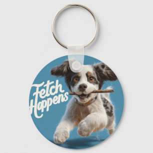 Adorable Puppy Mid-Air Running with a Stick Keychain