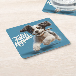 Adorable Puppy Mid-Air Running with a Stick Square Paper Coaster
