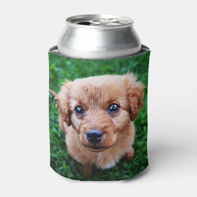 Adorable Puppy on Lawn Photo Can Cooler (Can Front)