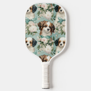 Adorable Puppy on Sage Green Background Pickleball Paddle