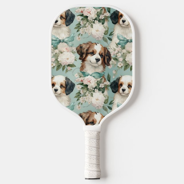 Adorable Puppy on Sage Green Background Pickleball Paddle (Front)