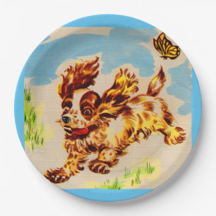 adorable puppy on the run paper plate