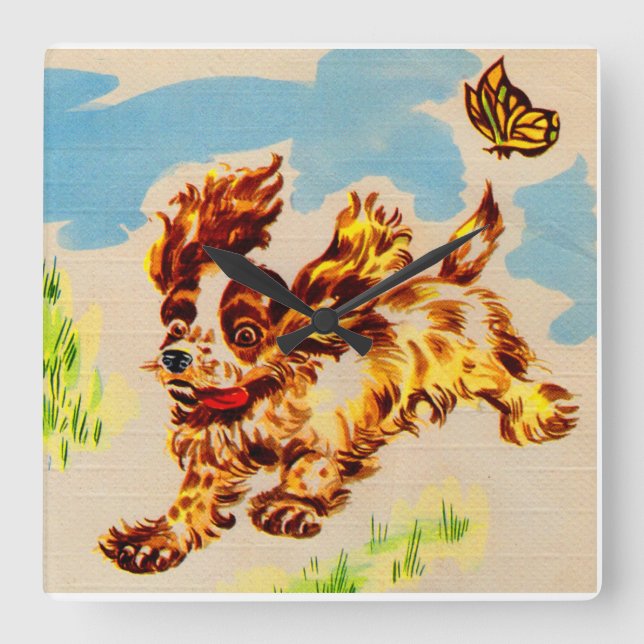 adorable puppy on the run square wall clock (Front)